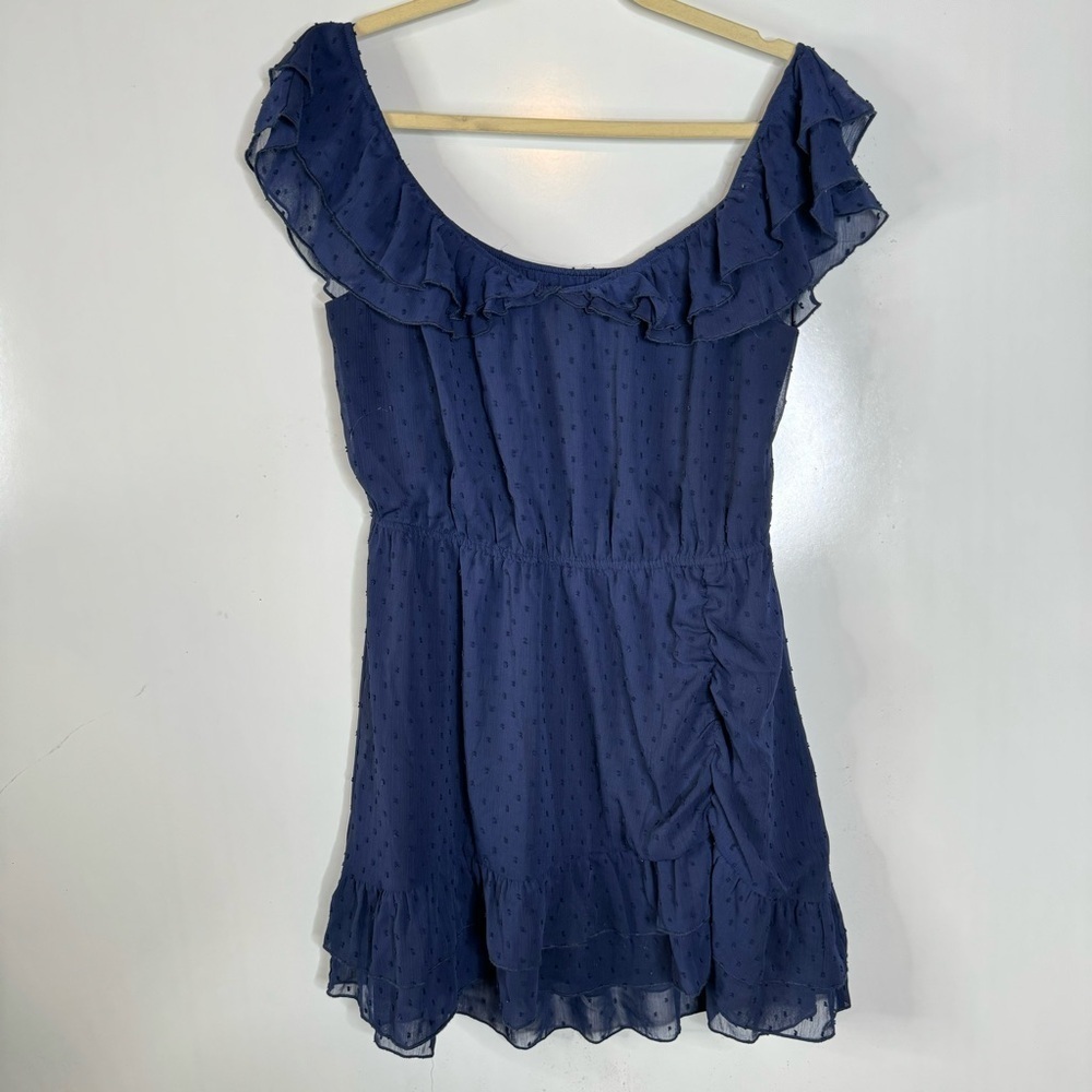 Tobi Navy Swiss Dot Off the Shoulder Mini Dress Size Large